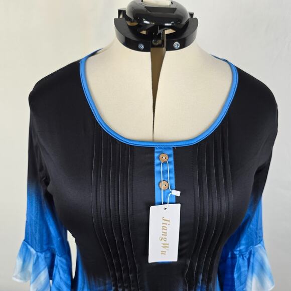 Jiang Wu Blouse Women's XS Black Blue White Fit & Flare 3/4 Sleeves Ruffles NWT - Picture 2 of 16
